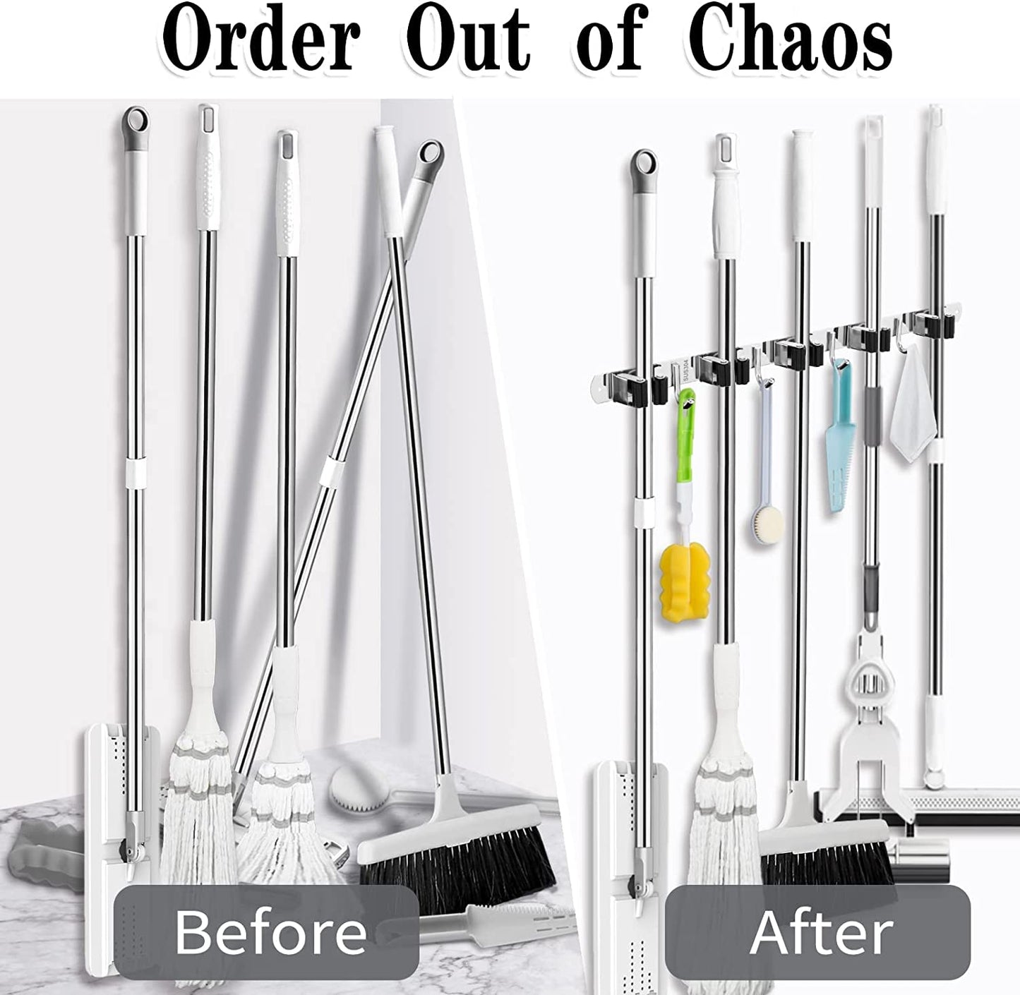 5 Holders+4 Hooks Broom Holder Wall Mounted Stainless Steel Mop Holder | Brush Holders for Wall: Nail Fitting Kit and Strong Adhesive Backing; Long Handles Stay Tidy.
