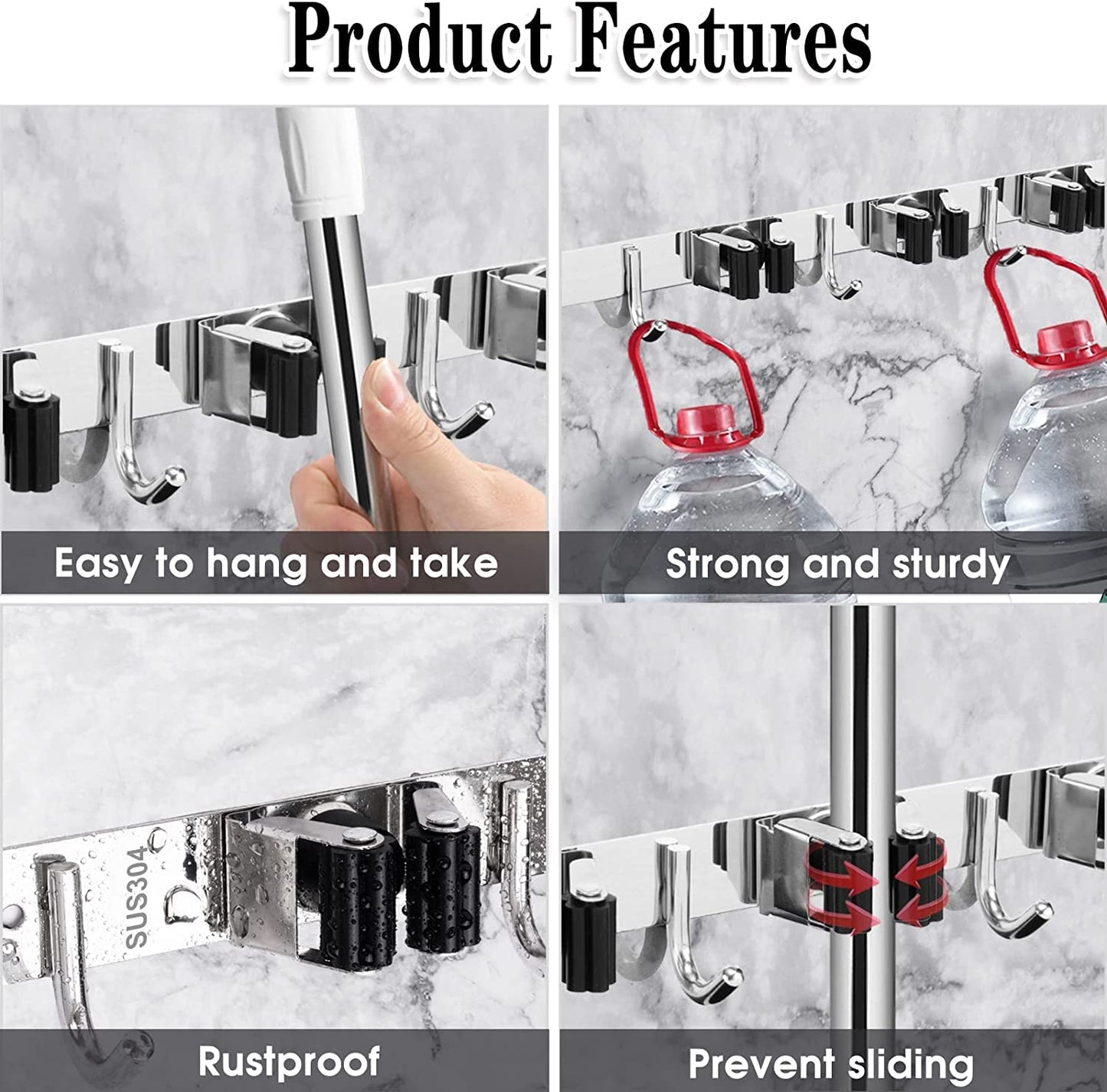 5 Holders+4 Hooks Broom Holder Wall Mounted Stainless Steel Mop Holder | Brush Holders for Wall: Nail Fitting Kit and Strong Adhesive Backing; Long Handles Stay Tidy.
