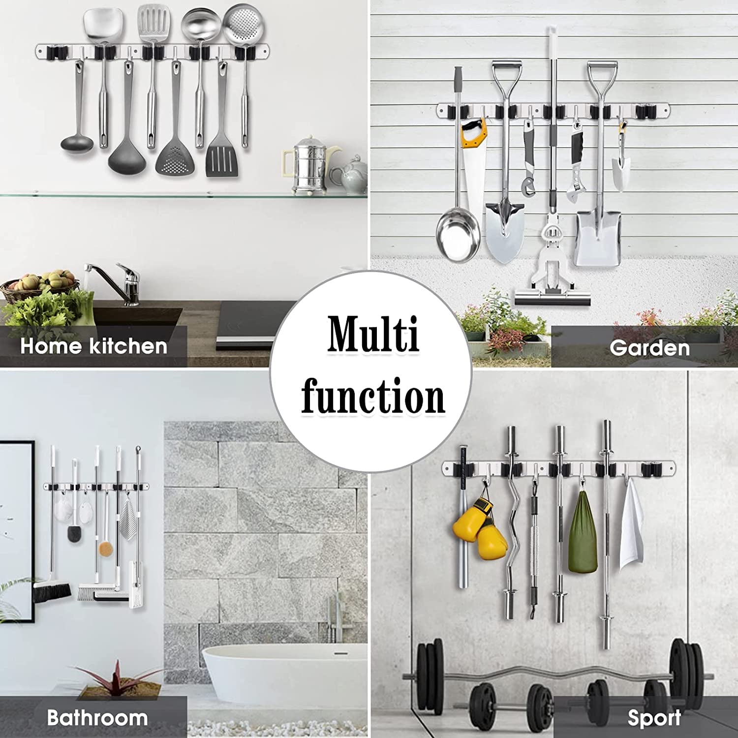 5 Holders+4 Hooks Broom Holder Wall Mounted Stainless Steel Mop Holder | Brush Holders for Wall: Nail Fitting Kit and Strong Adhesive Backing; Long Handles Stay Tidy.