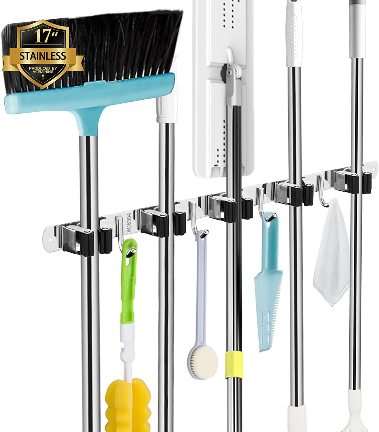 5 Holders+4 Hooks Broom Holder Wall Mounted Stainless Steel Mop Holder | Brush Holders for Wall: Nail Fitting Kit and Strong Adhesive Backing; Long Handles Stay Tidy.