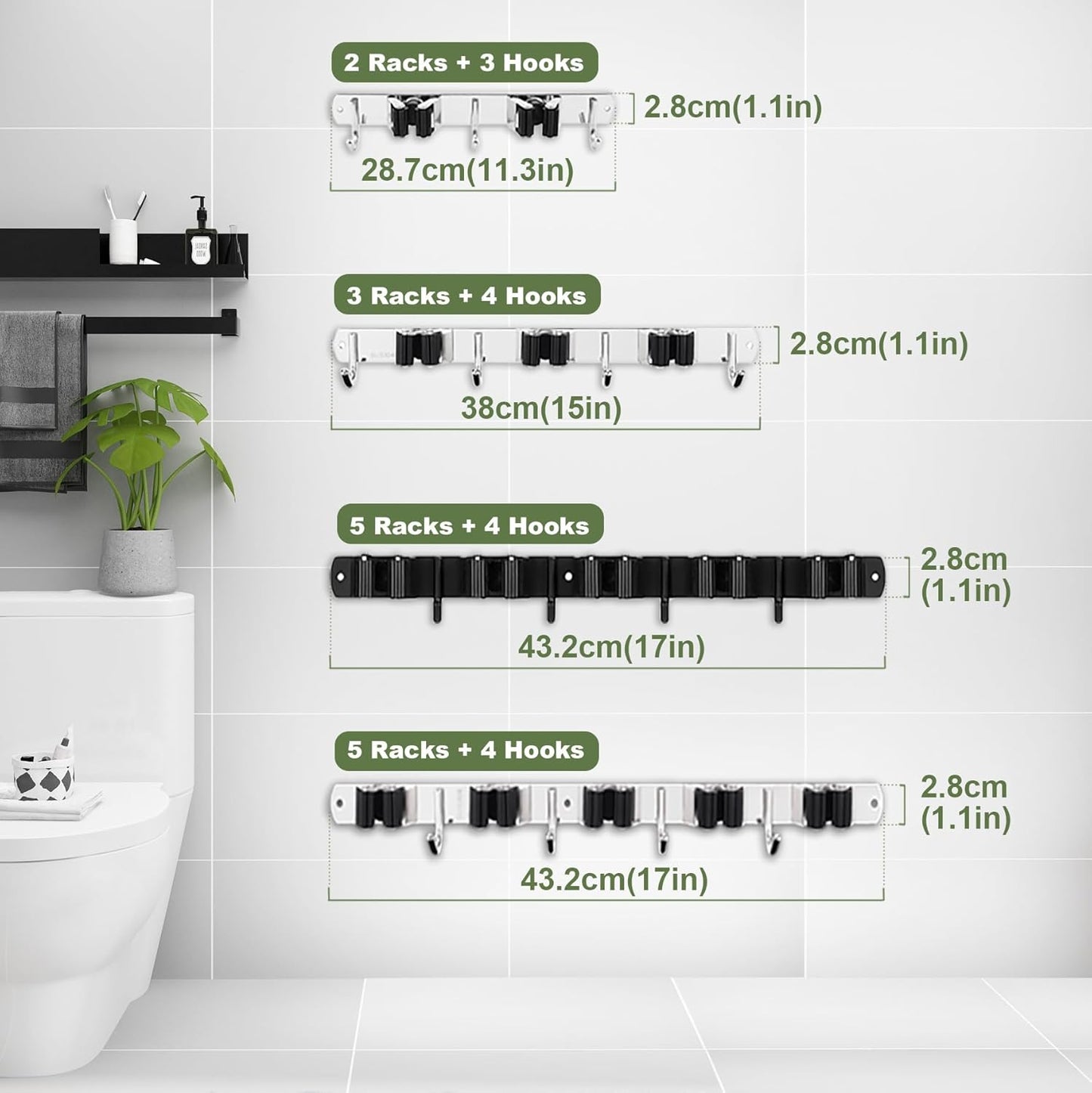 5 Holders+4 Hooks Broom Holder Wall Mounted Stainless Steel Mop Holder | Brush Holders for Wall: Nail Fitting Kit and Strong Adhesive Backing; Long Handles Stay Tidy.