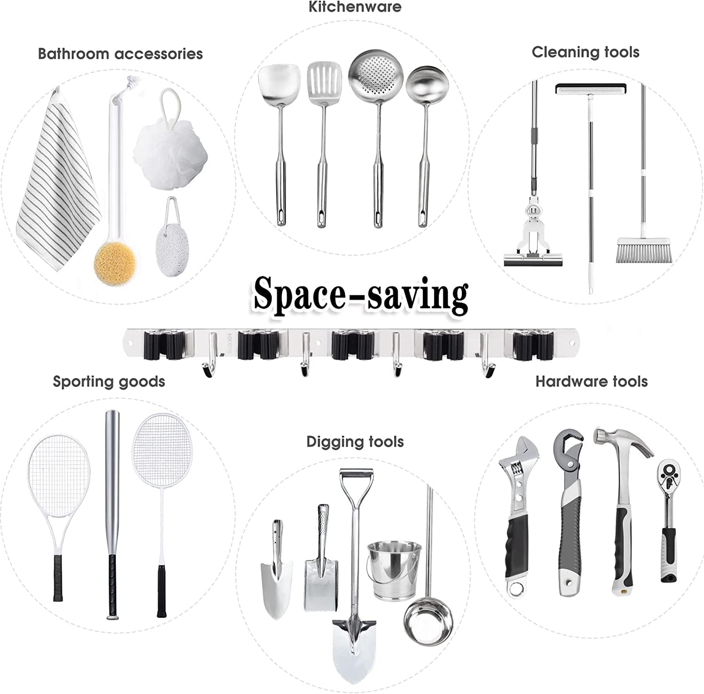 5 Holders+4 Hooks Broom Holder Wall Mounted Stainless Steel Mop Holder | Brush Holders for Wall: Nail Fitting Kit and Strong Adhesive Backing; Long Handles Stay Tidy.