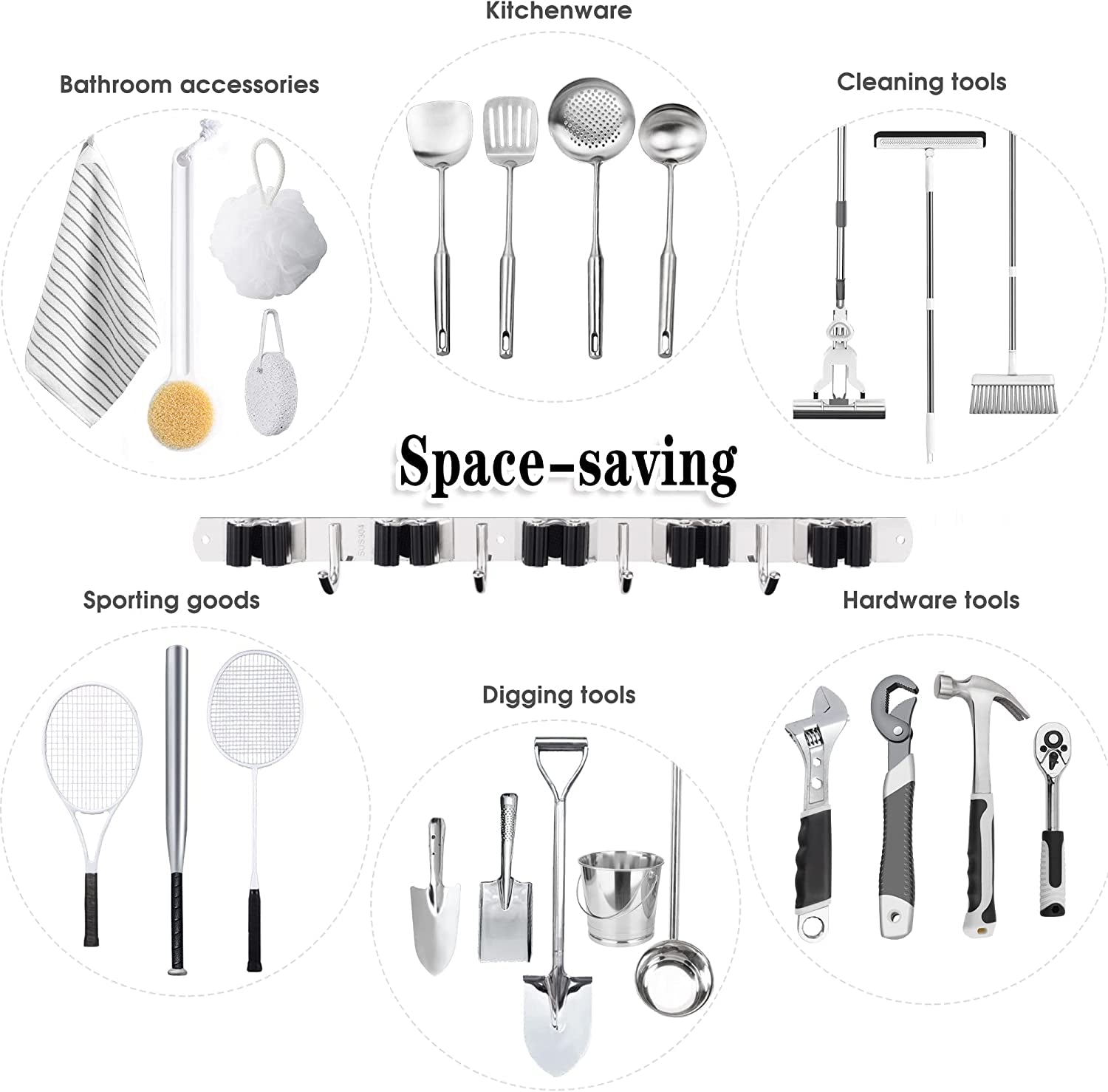 5 Holders+4 Hooks Broom Holder Wall Mounted Stainless Steel Mop Holder | Brush Holders for Wall: Nail Fitting Kit and Strong Adhesive Backing; Long Handles Stay Tidy.