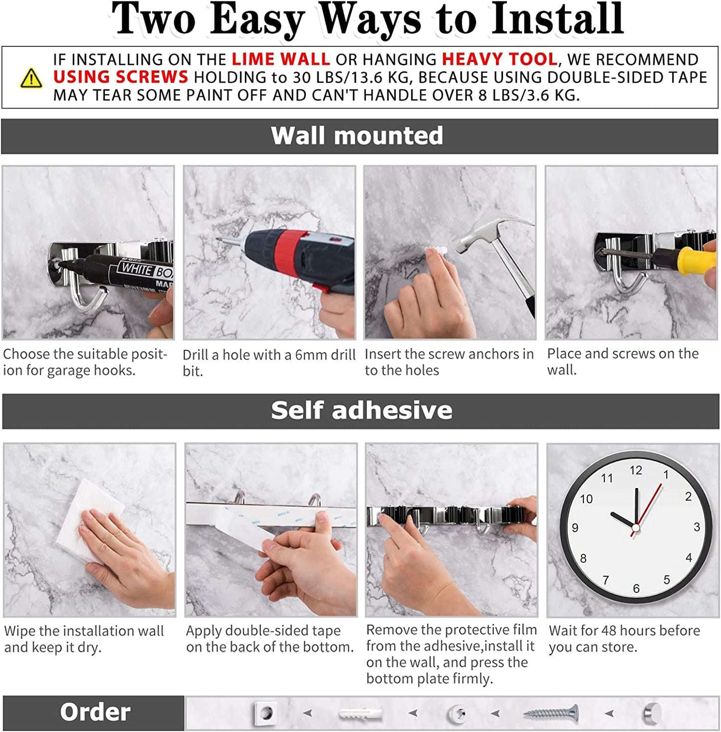 5 Holders+4 Hooks Broom Holder Wall Mounted Stainless Steel Mop Holder | Brush Holders for Wall: Nail Fitting Kit and Strong Adhesive Backing; Long Handles Stay Tidy.