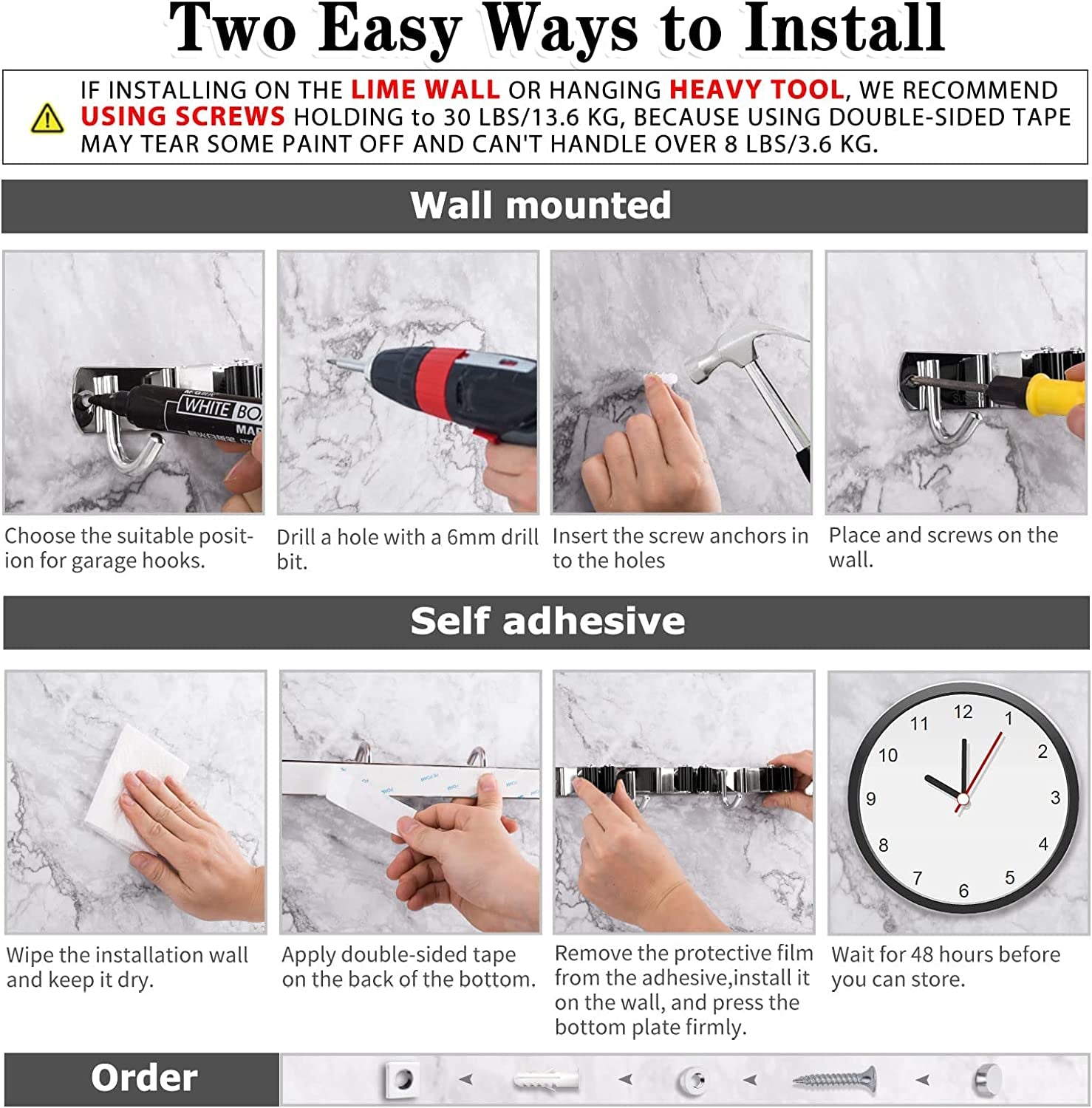 5 Holders+4 Hooks Broom Holder Wall Mounted Stainless Steel Mop Holder | Brush Holders for Wall: Nail Fitting Kit and Strong Adhesive Backing; Long Handles Stay Tidy.