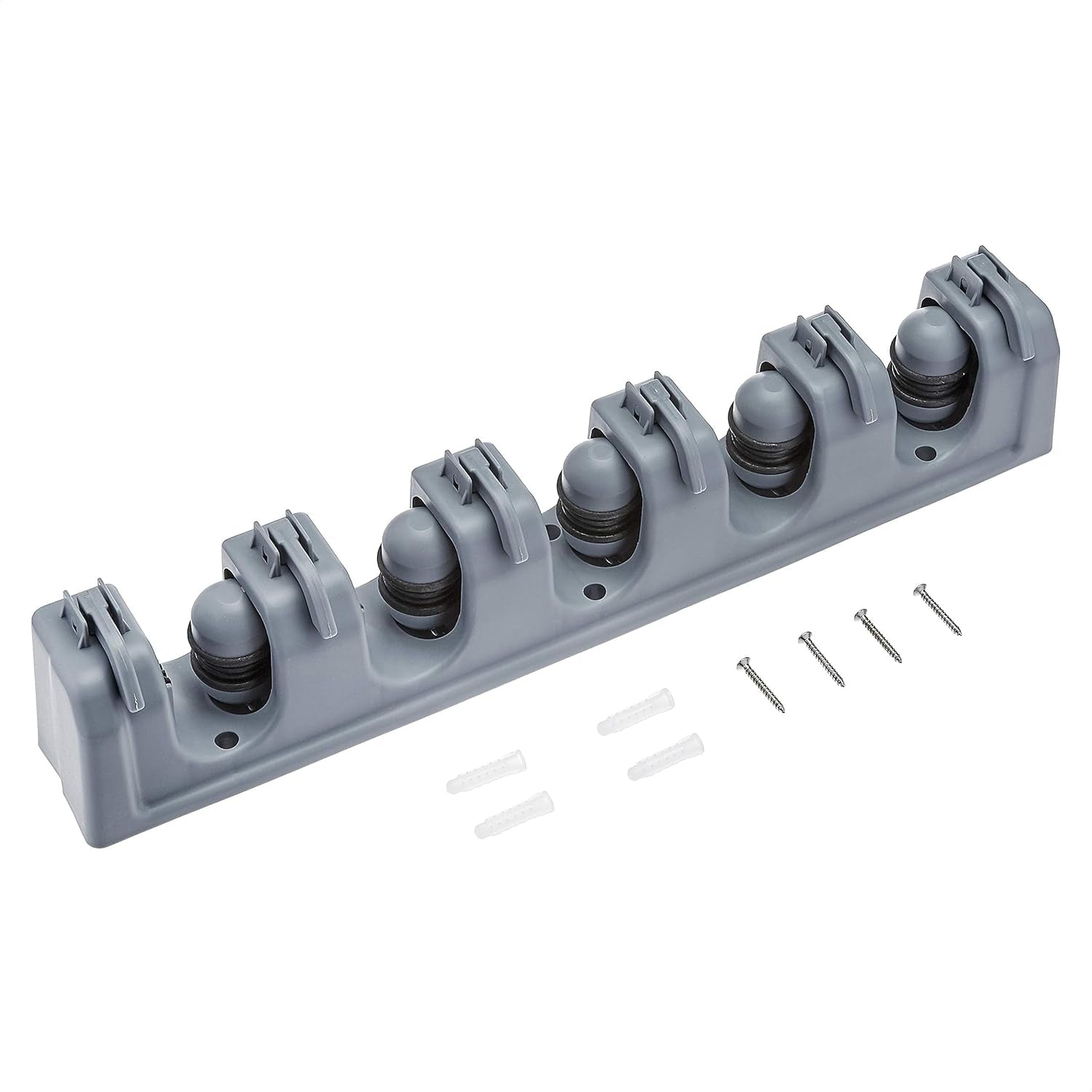 Rectangular Wall Mount Broom Holder and Garden Tool Organizer, 6 Hook and 5 Slot, 43 X 8.5 X 6.2 Cm, Gray