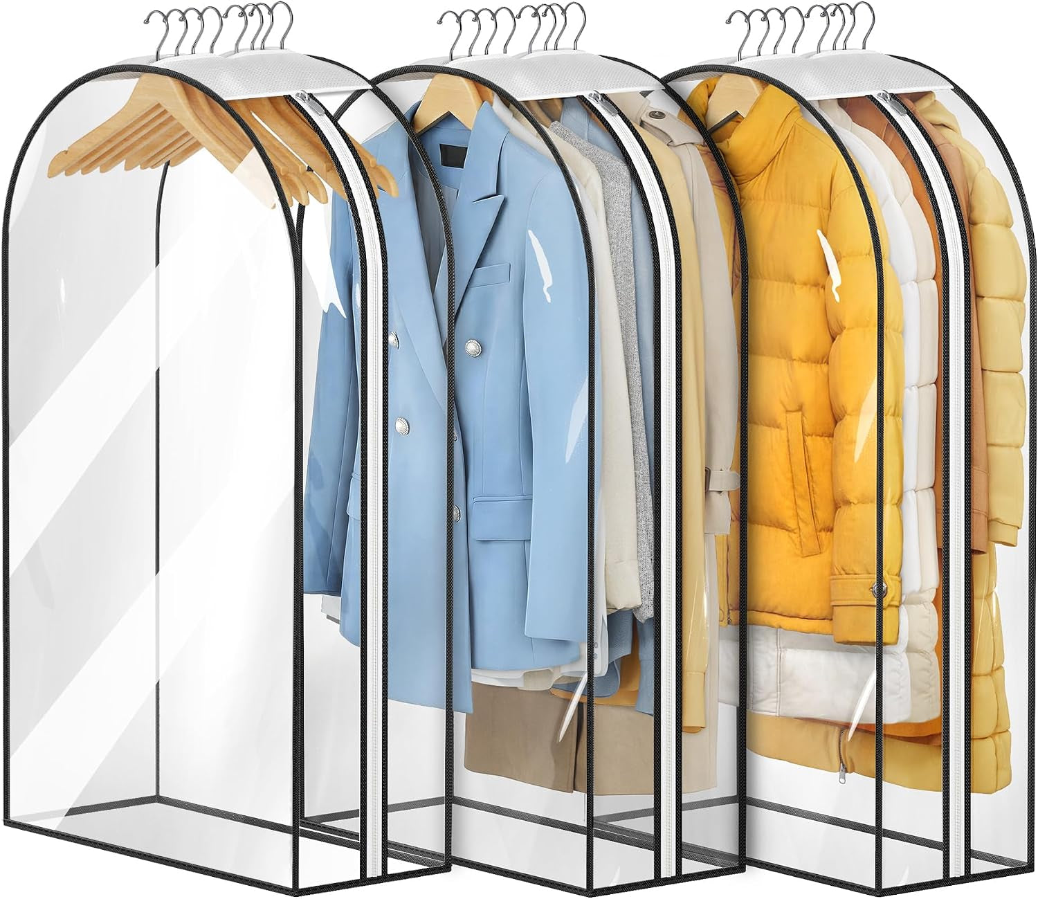Gusseted Clear Suit Covers Garment Bags for Clothes 100Cm Waterproof Cothes Covers Protector Bags with Side Zip for Coats, Shirts, Dresses, 3 Packs