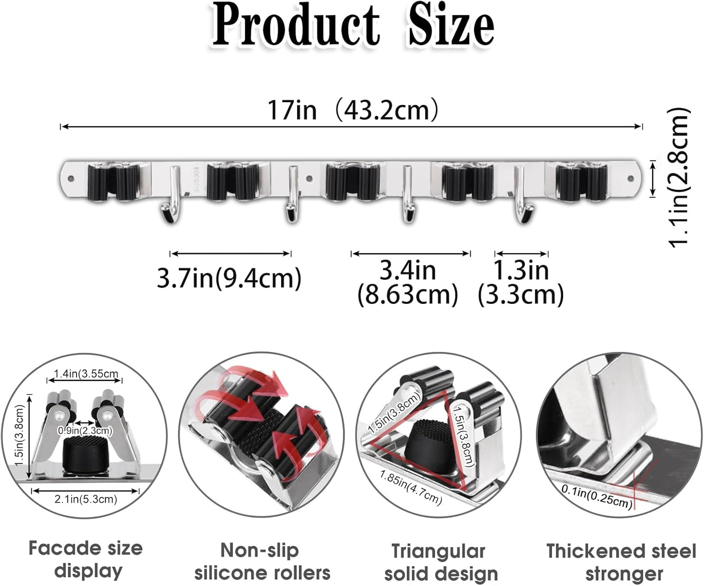 5 Holders+4 Hooks Broom Holder Wall Mounted Stainless Steel Mop Holder | Brush Holders for Wall: Nail Fitting Kit and Strong Adhesive Backing; Long Handles Stay Tidy.