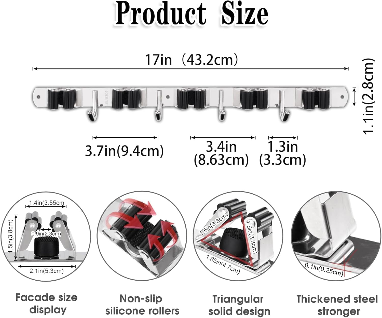 5 Holders+4 Hooks Broom Holder Wall Mounted Stainless Steel Mop Holder | Brush Holders for Wall: Nail Fitting Kit and Strong Adhesive Backing; Long Handles Stay Tidy.